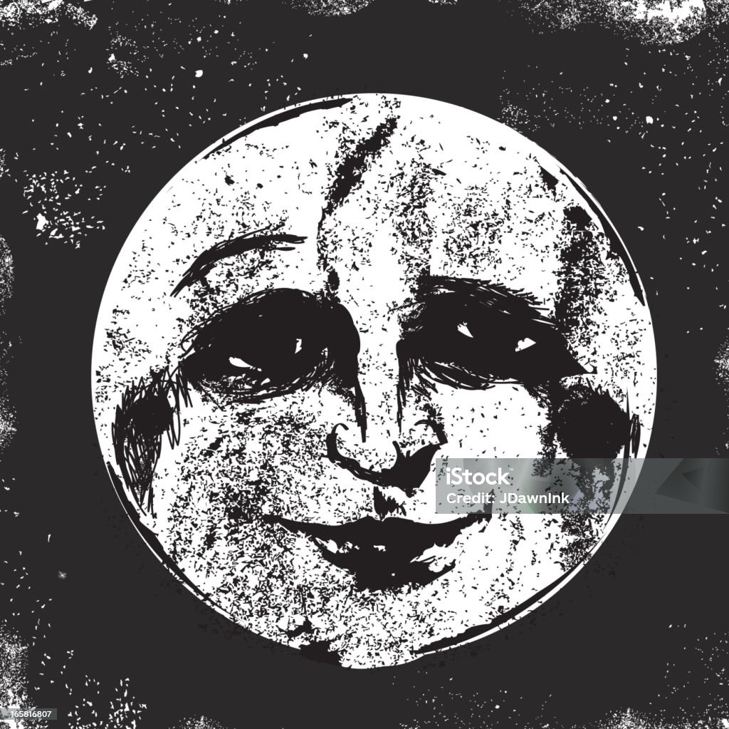 Old fashioned man in the moon face Old fashioned black and white vector illustration of a man in the moon. Facial expression of eyebrow raised. Download includes Illustrator 8 eps, high resolution jpg and png file. Moon Surface stock vector