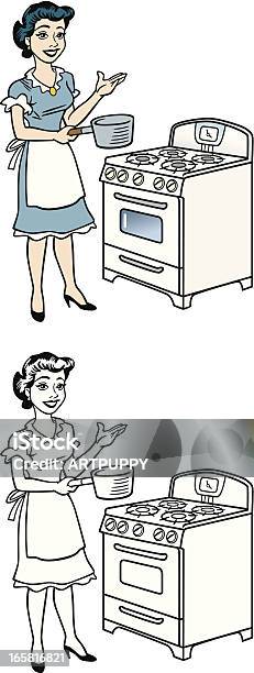 Housewife At Stove Stock Illustration - Download Image Now - 1950-1959, Adult, Cooking