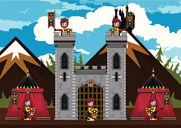 Vector illustration of Cute Knights at Medieval Castle Scene