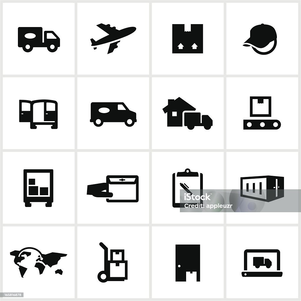 Delivery and Logistics Icons Delivery Icons. All white strokes/shapes are cut from the icons and merged allowing the background to show through. Airplane stock vector