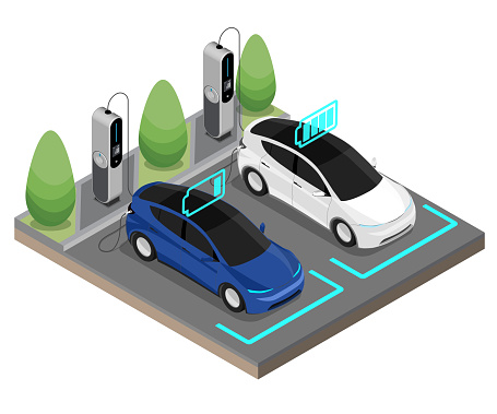 EV Electric Cars stop at Charging Station Ecology cut inside show Battery Concept isometric isolated vector blue and white color