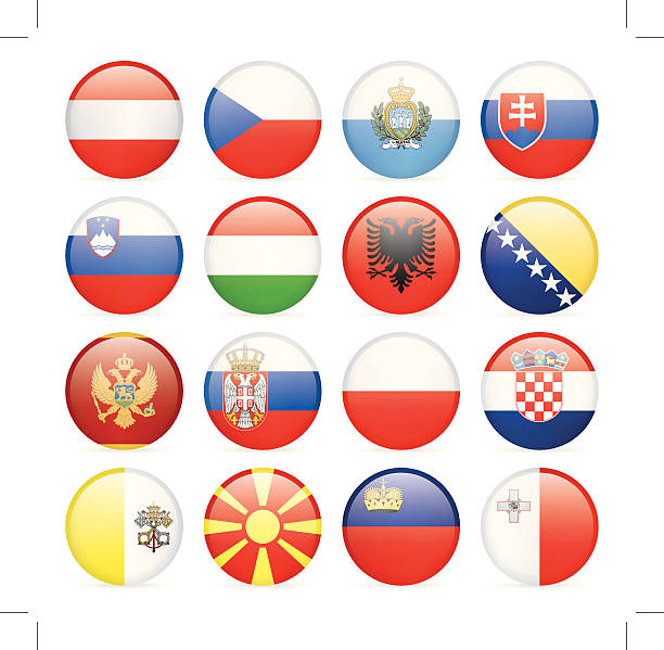 round flag icon collection - central and southern europe - karadağ bayrağı stock illustrations