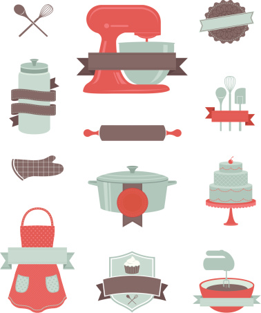 A collection of baking and kitchen related banners, design elements and badges. Includes a JPG and EPS of each separate item. Banners can be easily removed and designs are complete behind the banners.