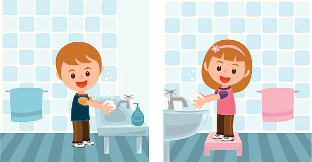 boy and girl washing hands vector art illustration