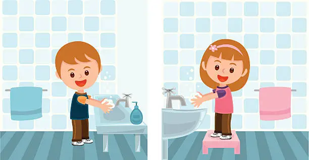 Vector illustration of boy and girl washing hands