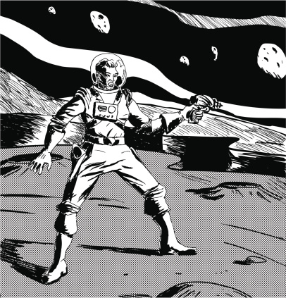 Retro spaceman with a ray gun in his hand - 40's and 50'a retro imagery. Hand drawn, scanned and traced in Illustrator