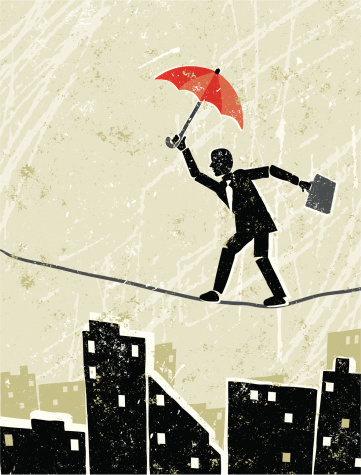 Instability! A stylized vector cartoon of a Man  balancing on a tightrope, the style is  reminiscent of an old screen print poster, suggesting balance, security, pressure,financial instability,danger, or skill. Man, Umbrella, paper texture and background are on different layers for easy editing. Please note: clipping paths have been used,  an eps version is included without the path.