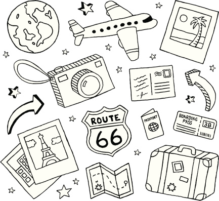 A collection of travel-themed doodles.