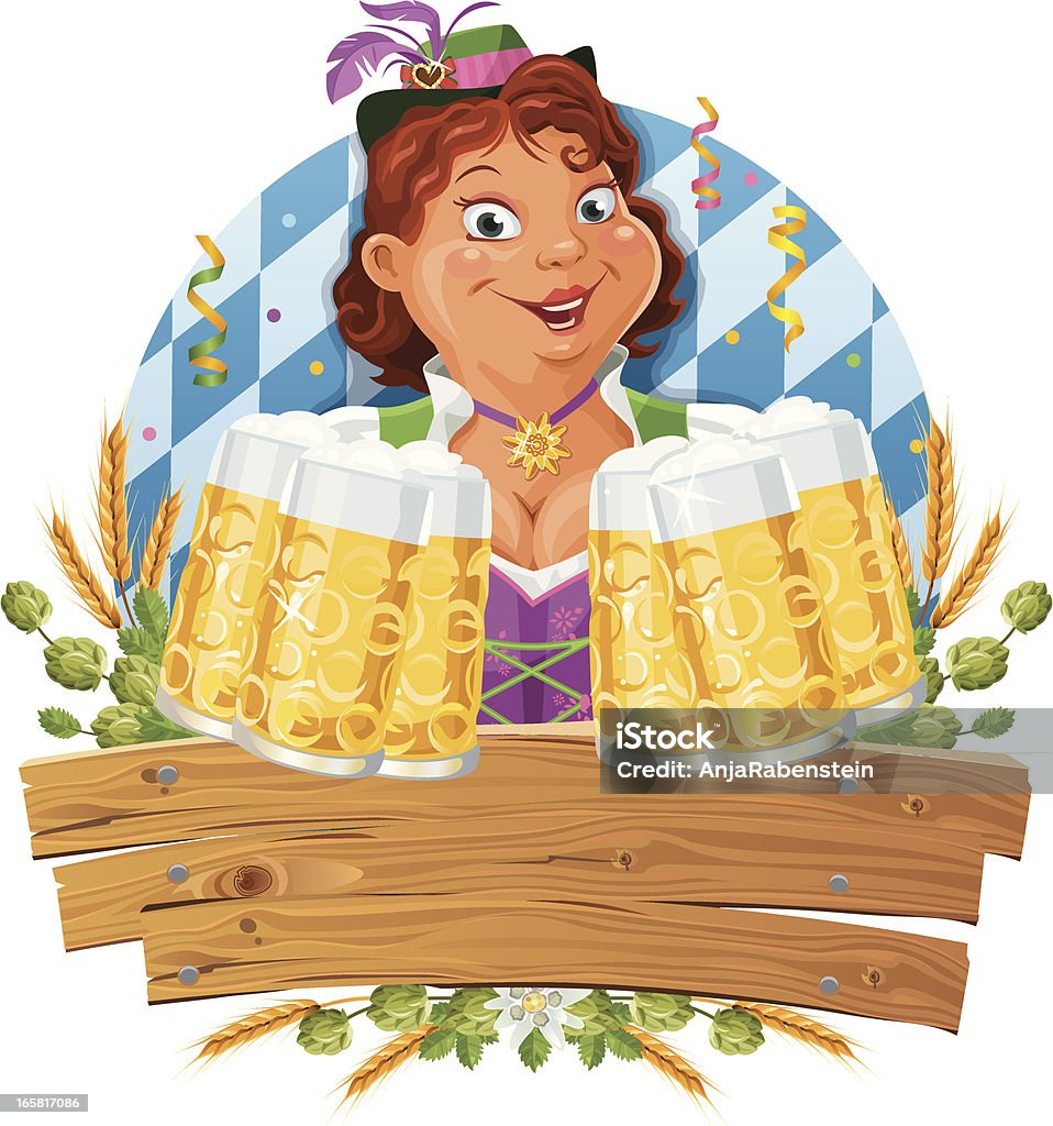 Śmieszna Oktoberfest Kelnerka na sobie dirndl serwujące wiele piwa - Grafika wektorowa royalty-free (Kobiety)