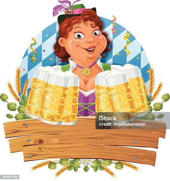Śmieszna Oktoberfest Kelnerka Na Sobie Dirndl Serwujące Wiele Piwa - Stockowe grafiki wektorowe i więcej obrazów Kobiety
