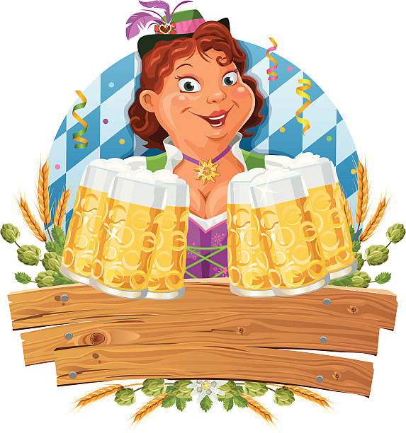 Engraçado Oktoberfest Empregada de Mesa com um Vestido à Camponesa servir lotes de Cerveja - ilustração de arte vetorial