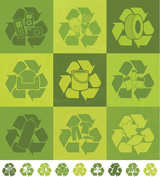 illustrazioni stock, clip art, cartoni animati e icone di tendenza di simboli di riciclaggio su texture di sfondo - tire recycling recycling symbol transportation