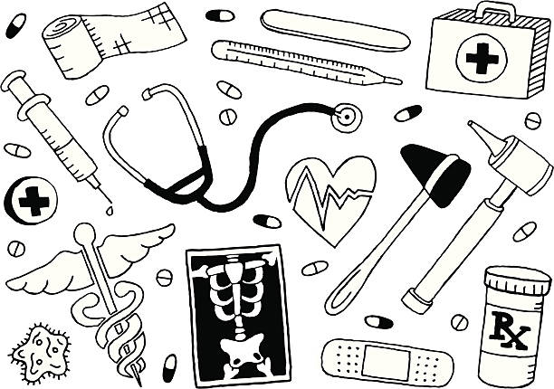 ilustraciones, imágenes clip art, dibujos animados e iconos de stock de medical garabatos - gauze bandage adhesive bandage healthcare and medicine