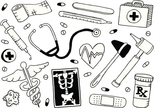 A collection of medical-themed doodles.