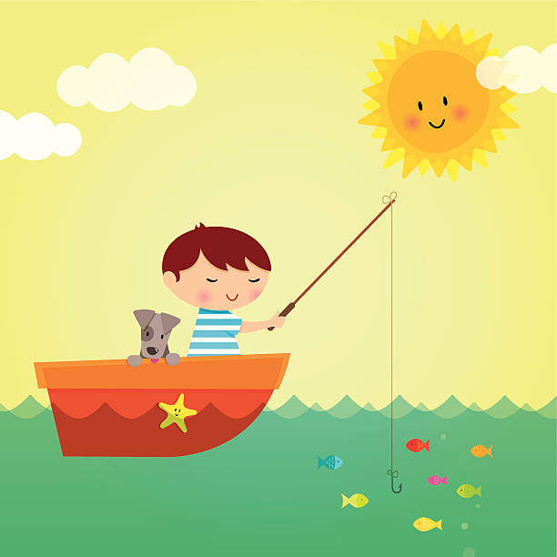 Little boy fishing vector art illustration