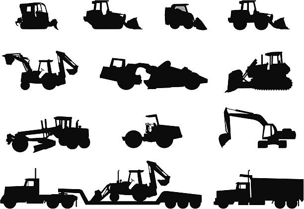 ilustraciones, imágenes clip art, dibujos animados e iconos de stock de siluetas de equipos pesados - construction machinery machine industrial equipment grader