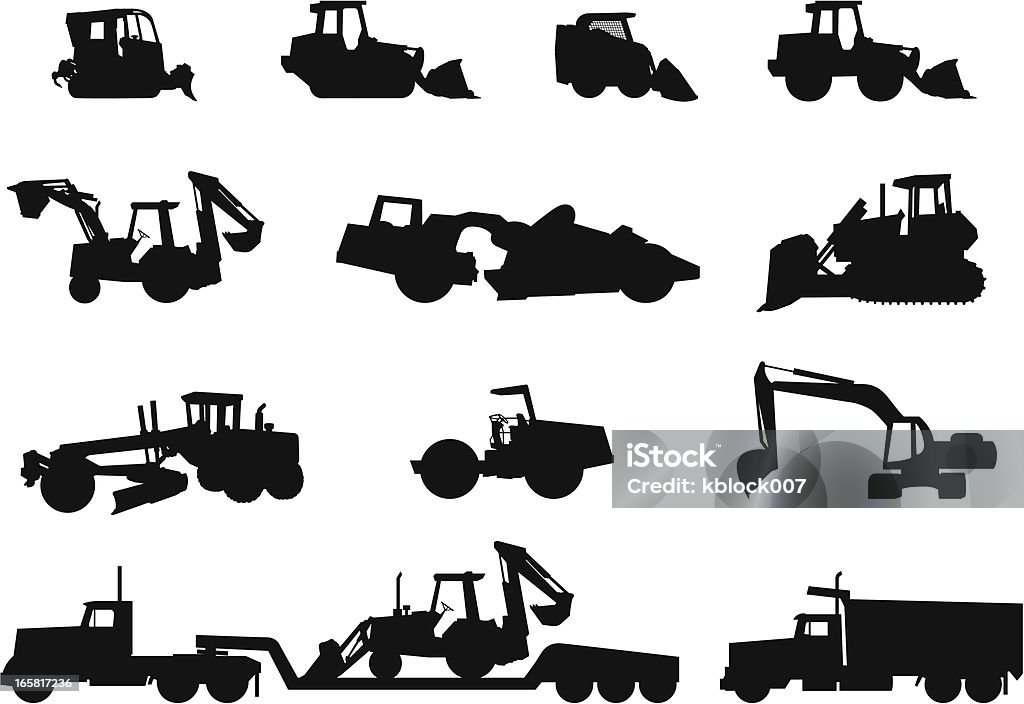 Heavy Equipment Silhouettes Bulldozer, Track Loader, Skid Loader, Wheel Loader, Backhoe, Scraper, Grader, Roller/Compactor, Excavator, Dump Truck, Semi Truck and Trailer Silhouettes.  In Silhouette stock vector