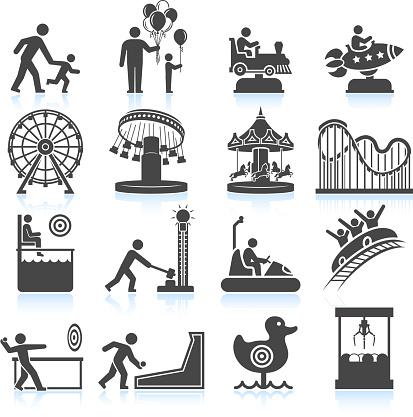 amusement park and Carnival black and white royalty free vector interface icon set. This editable vector file features black interface icons of fun carnival and amusement park summer activities. The top row has father and child, balloons, toy train and rocket rides.