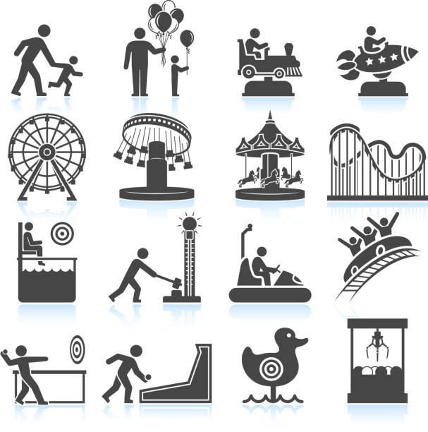 amusement park and Carnival black & white vector icon set amusement park and Carnival black and white royalty free vector interface icon set. This editable vector file features black interface icons of fun carnival and amusement park summer activities. The top row has father and child, balloons, toy train and rocket rides. school fete stock illustrations