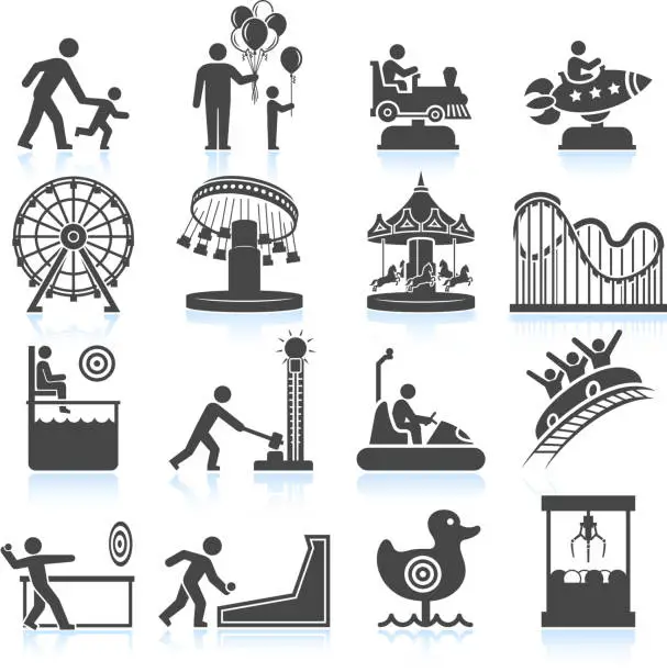 Vector illustration of amusement park and Carnival black & white vector icon set