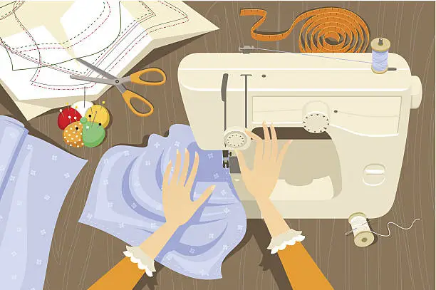 Vector illustration of Using a sewing machine