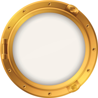 Golden metal porthole detailed illustration. Glass uses transparency effects so elements placed behind the vector will show through. Very user friendly for your projects. 
