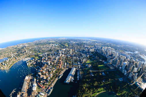 Sydney CBD in a fisheye panorama view - aerial shot