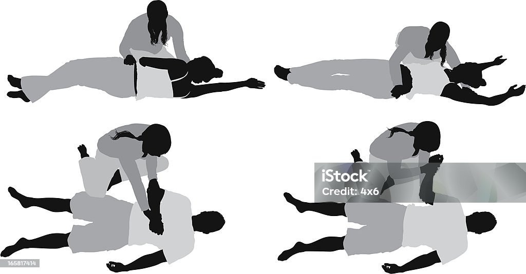 Persone praticare yoga con l'assistenza del formatore - arte vettoriale royalty-free di Contorno - Forma