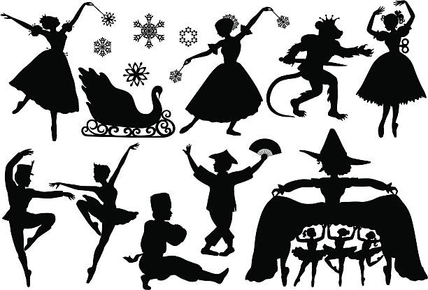 Nutcracker Ballet Silhouettes Nutcracker Ballet Silhouettes including sugar plum fairies, Russian Dancer, Chinese dancer, Mother ginger, etc. ballet dancing stock illustrations