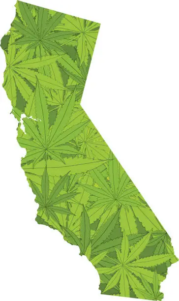 Vector illustration of State of California made with marijuana leafs