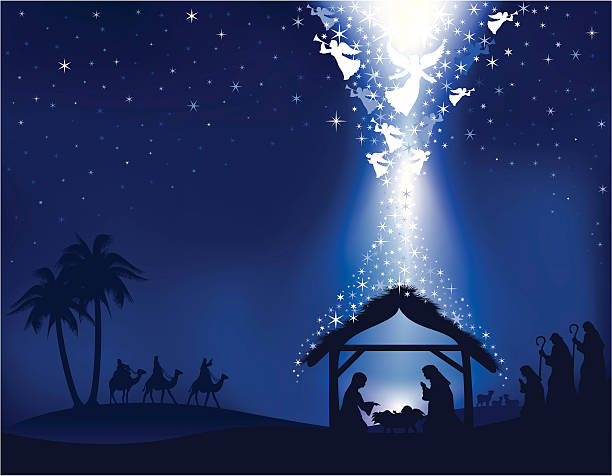 illustrazioni stock, clip art, cartoni animati e icone di tendenza di natività sfondo blu - newborn animal illustrations