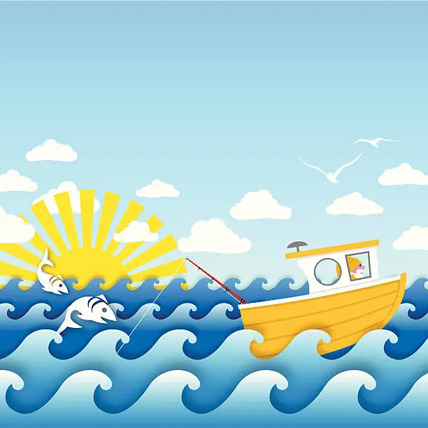 Vector illustration of Jolly fisherman fishing at sea