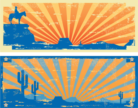 Retro Vintage Style Labels with a Desert and Cowboy theme  including cactus, landscape and sunset. Labels have a worn and textured finish which is easily deleted if not required. All elements are on interchangeable layers and easily scaled and edited.