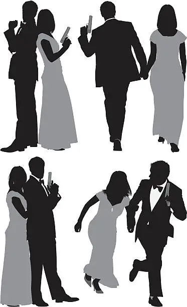 Vector illustration of Multiple images of a couple with hand gun