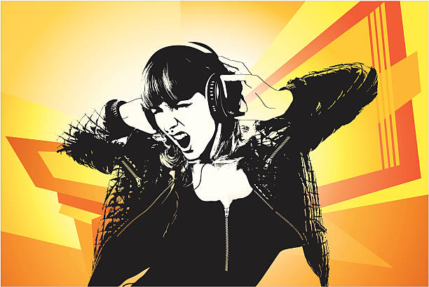 bildbanksillustrationer, clip art samt tecknat material och ikoner med female rock singer with headphones - woman headphones