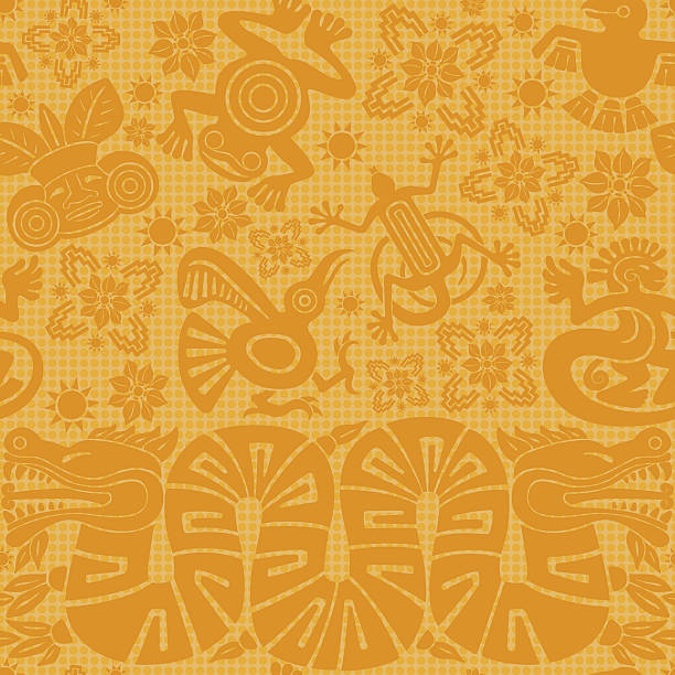 Mayan Seamless Pattern Mayan Seamless Background Pattern with dragon, frog, bird, lizard, monkey, etc. inca stock illustrations