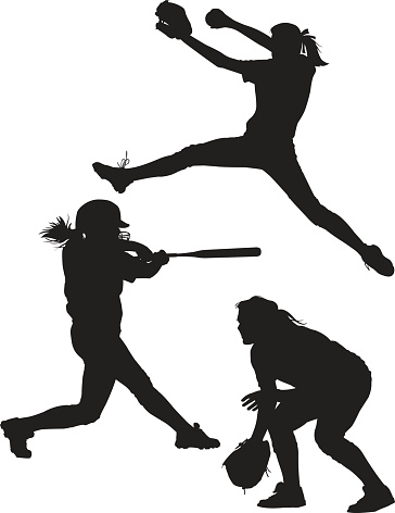 Vector illustrations of girls playing softball. These silhouettes feature a pitcher, batter, and fielder. This is an AI8 eps file.