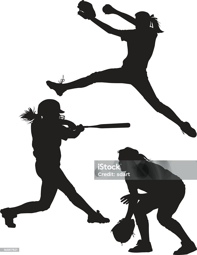 Softball Silhouettes Vector illustrations of girls playing softball. These silhouettes feature a pitcher, batter, and fielder. This is an AI8 eps file. Softball - Sport stock vector