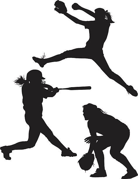 Softball Silhouettes Vector illustrations of girls playing softball. These silhouettes feature a pitcher, batter, and fielder. This is an AI8 eps file. softball stock illustrations