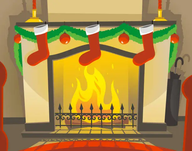 Vector illustration of Christmas fireplace Decoration With Boots and Red Spheres