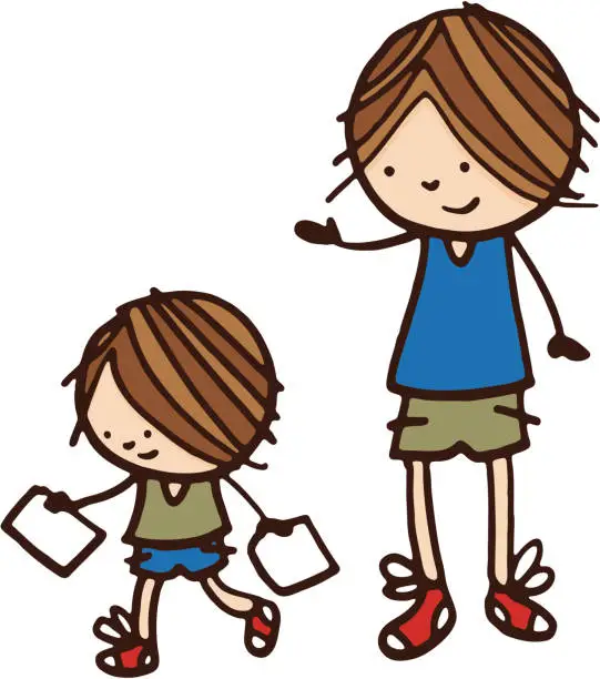 Vector illustration of Boy with child running and holding note