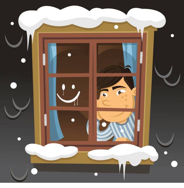 winter schnee tag kleiner junge schaut durch fenster im schnee - behind glass concept hope stock-grafiken, -clipart, -cartoons und -symbole