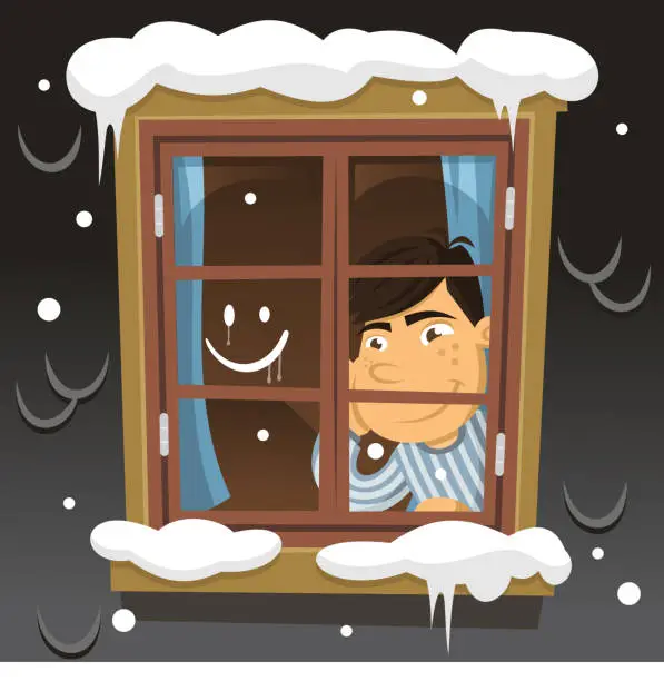 Vector illustration of Winter Snowy day little boy looking the snow through window