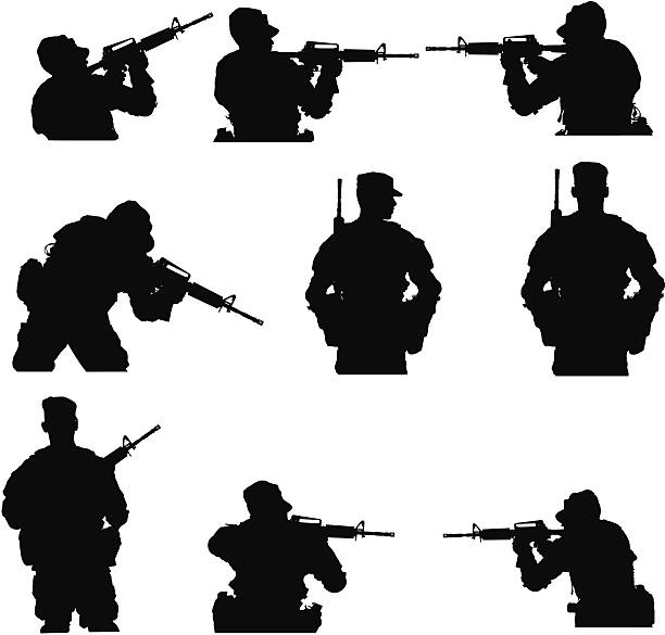ilustrações, clipart, desenhos animados e ícones de várias imagens de um exército homem com rifle - sniper rifle army soldier aiming