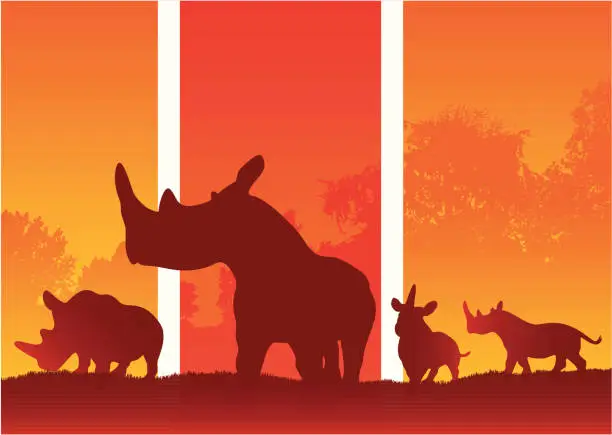 Vector illustration of African rhinoceros silhouettes in the wild