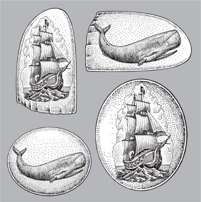 Pen and ink style illustration of a Nautical Scrimshaw - Whale, Sailboat. Check out my 
