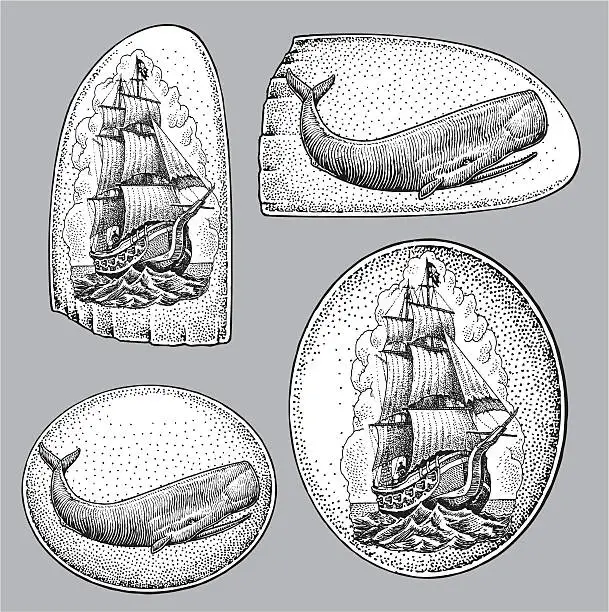 Vector illustration of Nautical Scrimshaw - Whale, Sailboat