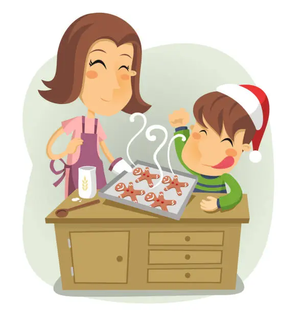 Vector illustration of Mother and Son Cooking Gingerbread Cookies for christmas