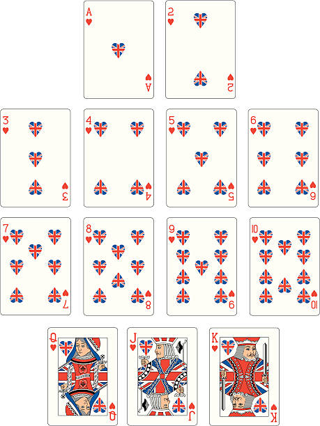 ilustraciones, imágenes clip art, dibujos animados e iconos de stock de union jack corazón satisfacer naipes - jack of hearts jack cards heart shape