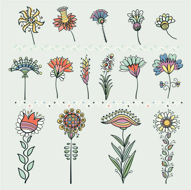 ilustraciones, imágenes clip art, dibujos animados e iconos de stock de conjunto de elementos decorativos de diseño floral - tulip sunflower single flower flower